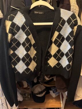 SHEIN Black Cardigan with Cream and Light Blue Argyle